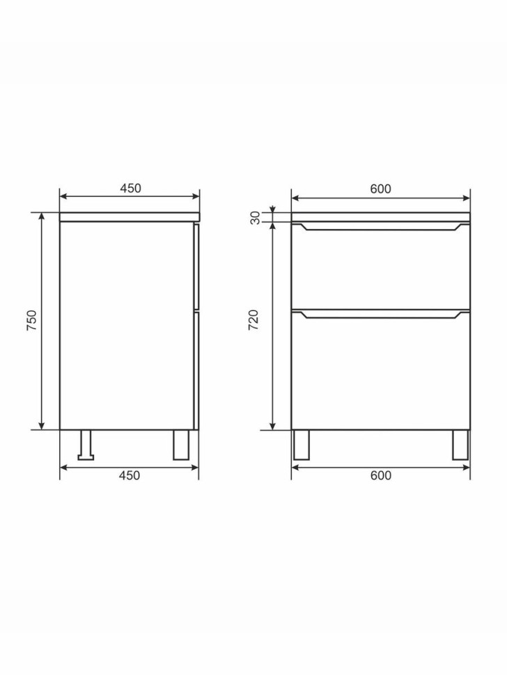 Тумба под раковину 60 см, Uperwood Tanos, напольная, черная, 2 ящика