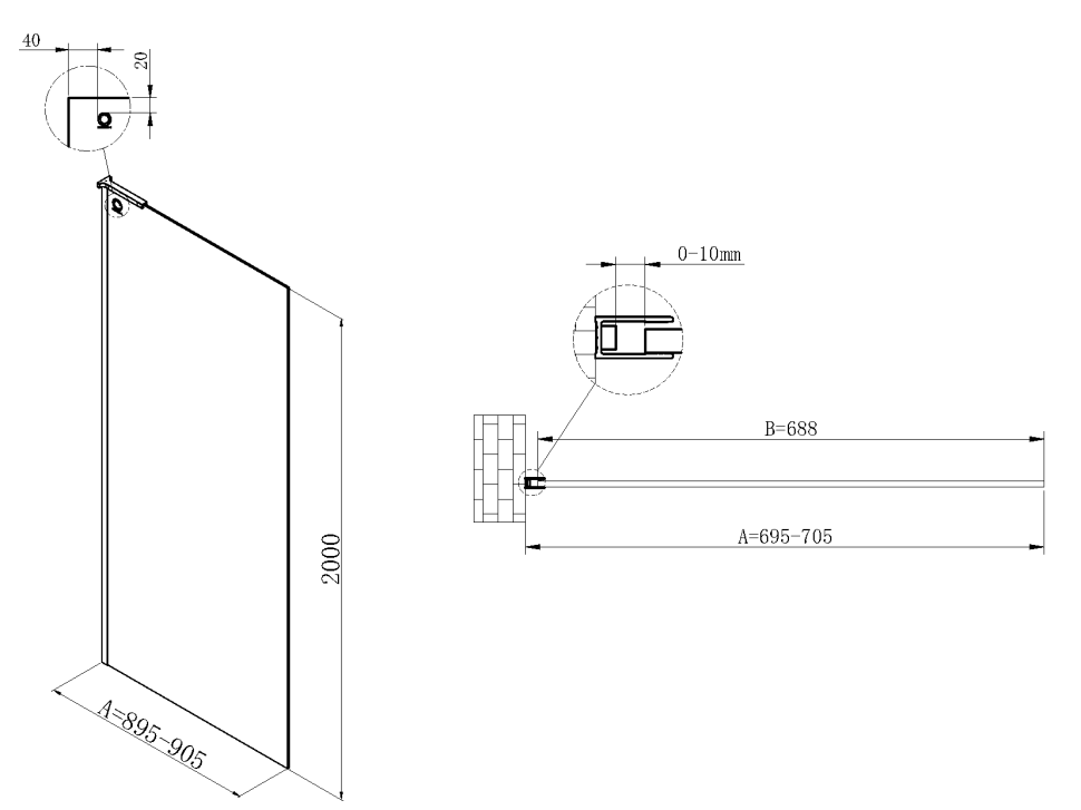Душевая перегородка Walk-In VSW-7HA700CLB, 700*2000, черный матовый, стекло прозрачное