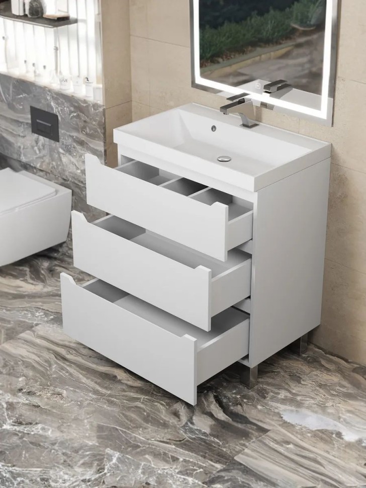 Тумба под раковину 70 см, Uperwood Tanos, напольная, белая, 3 ящика