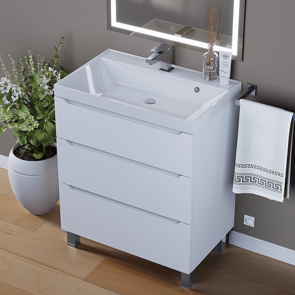 Тумба под раковину 70 см, Uperwood Tanos, напольная, белая, 3 ящика