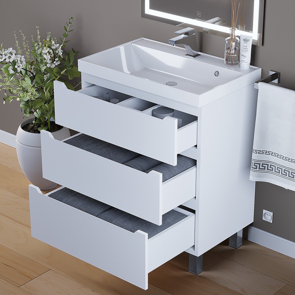 Тумба под раковину 70 см, Uperwood Tanos, напольная, белая, 3 ящика
