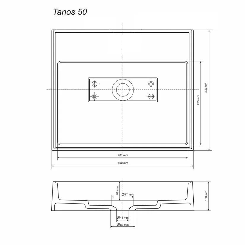 Раковина накладная прямоугольная, Uperwood Tanos Quartz 50 см, без отверстия для смесителя, белая, жасмин