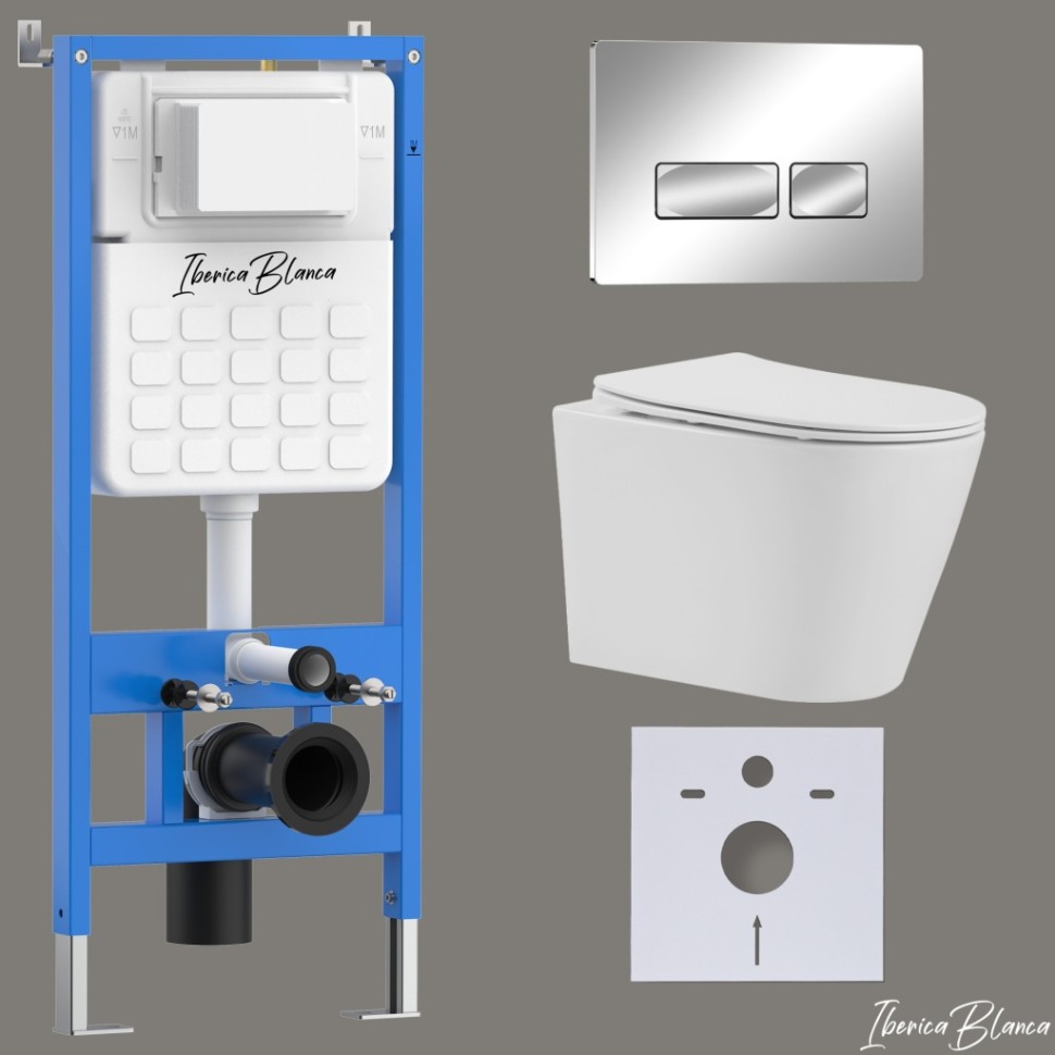 Комплект 3в1 IBERICA BLANCA инсталляция SILENCIO, унитаз BURGOS ALTO белый, кнопка смыва ESTI-R хром глянцевый (IB001.BRA.231.213)