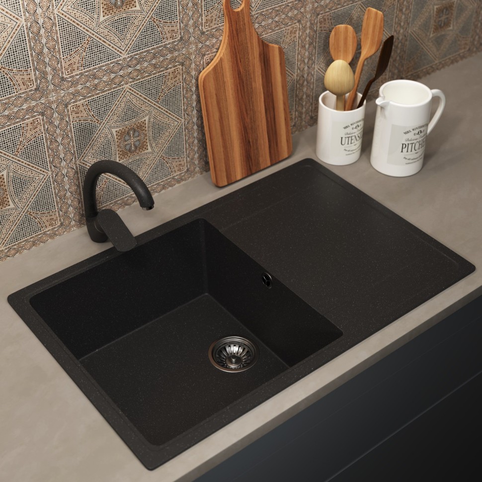 Кухонная мойка из искусственного камня Uperwood ECON UPD-507-004, прямоугольная, черная матовая