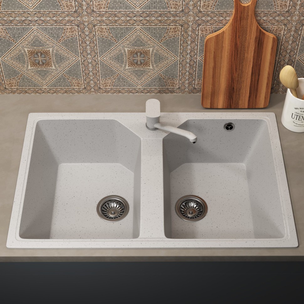 Кухонная мойка из искусственного камня Uperwood ECON UPD-402-001, прямоугольная, 2 чаши, белая матовая
