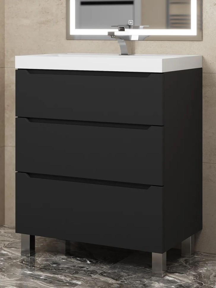 Тумба под раковину 70 см, Uperwood Tanos, напольная, черная, 3 ящика