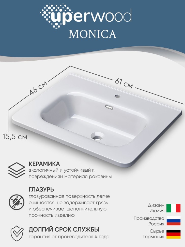 Раковина для ванной 60 см, Uperwood Monica, белая глянцевая