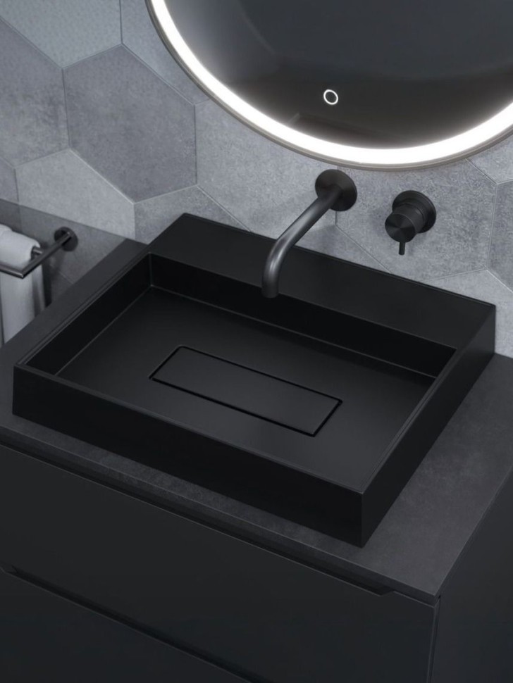 Раковина накладная прямоугольная, Uperwood Tanos Quartz 50 см, без отверстия для смесителя, черная, уголь