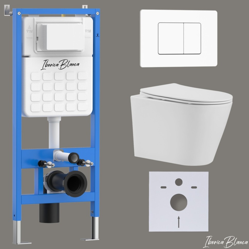Комплект 3в1 IBERICA BLANCA инсталляция SILENCIO, унитаз BURGOS ALTO белый, кнопка смыва INOX-C белый матовый (IB001.BRA.231.111)
