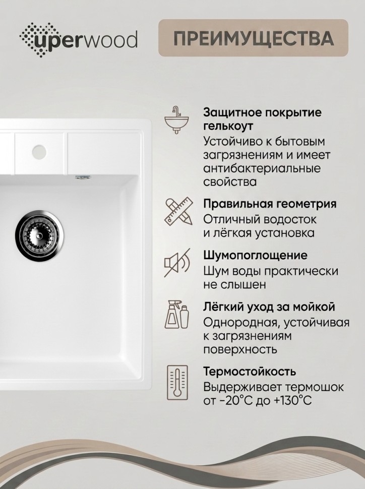 Кухонная мойка из искусственного камня Uperwood Симпл (Simple) UPD-305-341, ультра-белая