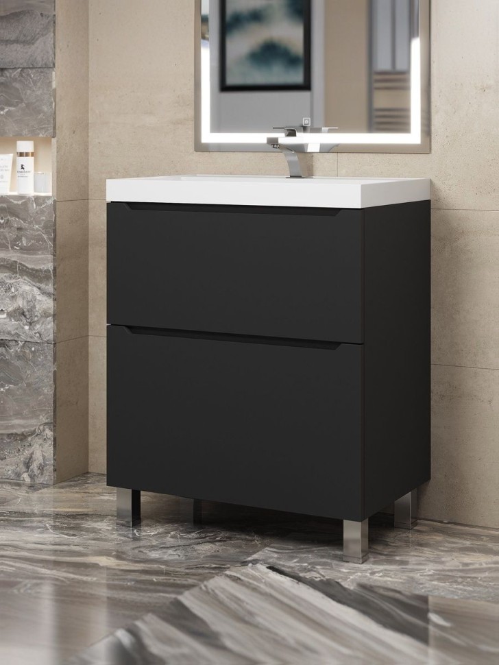 Тумба под раковину 70 см, Uperwood Tanos, напольная, черная, 2 ящика