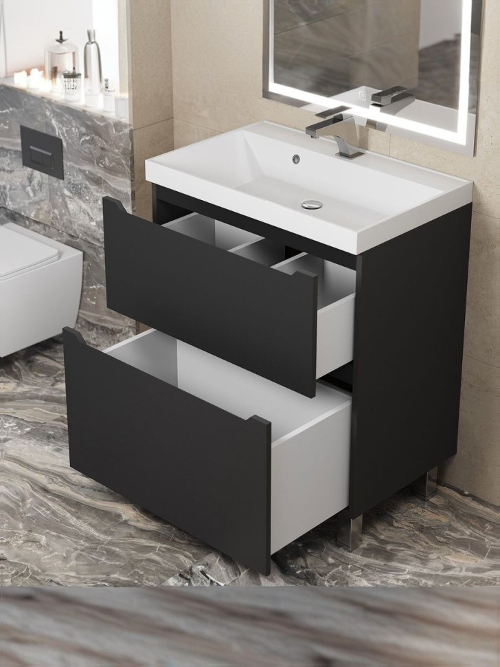 Тумба под раковину 70 см, Uperwood Tanos, напольная, черная, 2 ящика