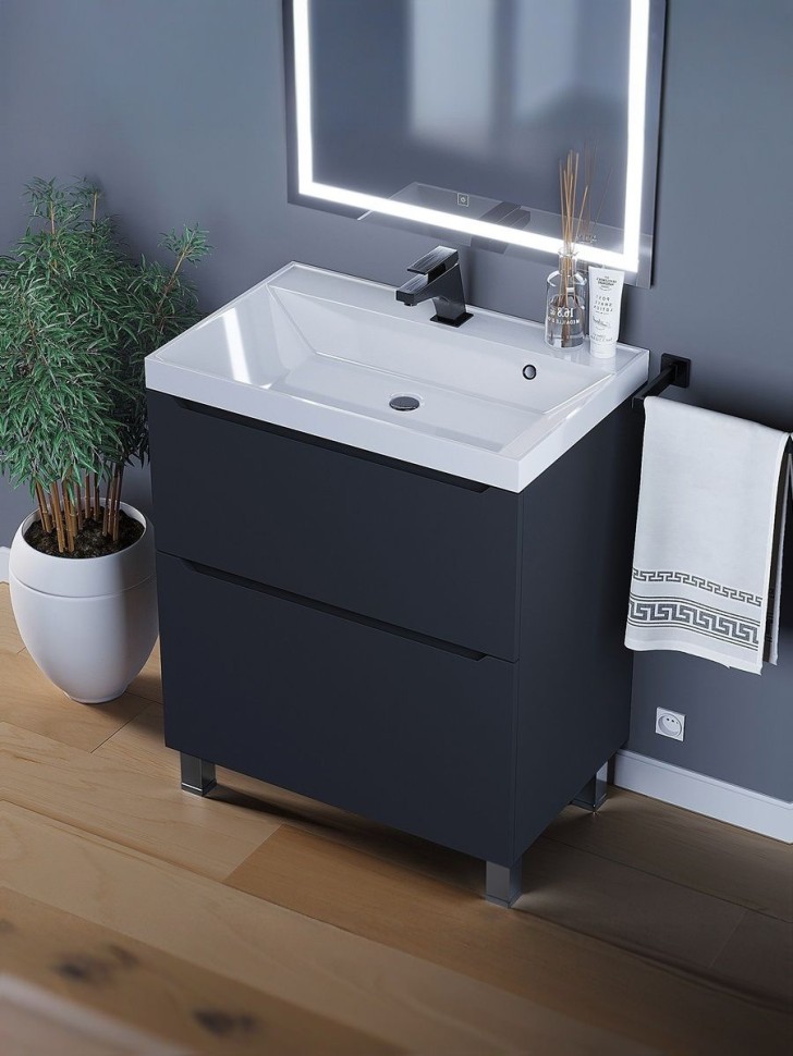 Тумба под раковину 70 см, Uperwood Tanos, напольная, черная, 2 ящика