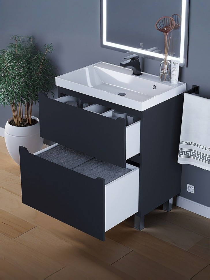 Тумба под раковину 70 см, Uperwood Tanos, напольная, черная, 2 ящика