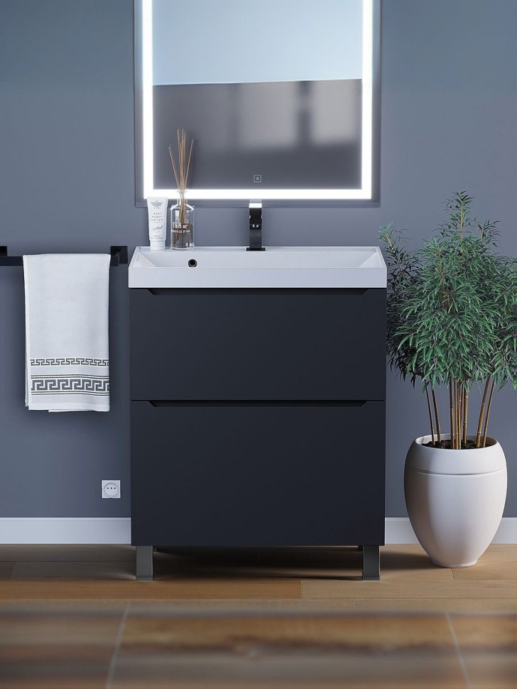 Тумба под раковину 70 см, Uperwood Tanos, напольная, черная, 2 ящика