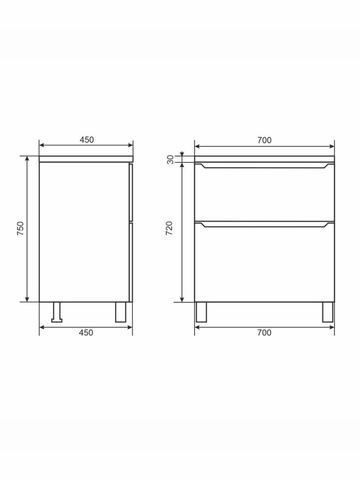 Тумба под раковину 70 см, Uperwood Tanos, напольная, черная, 2 ящика
