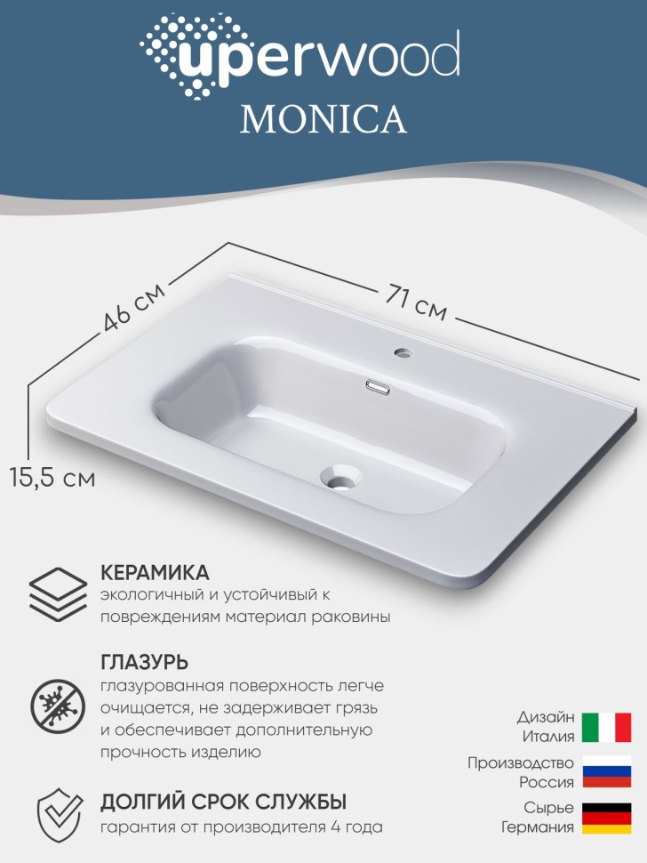 Раковина для ванной 70 см, Uperwood Monica, белая глянцевая