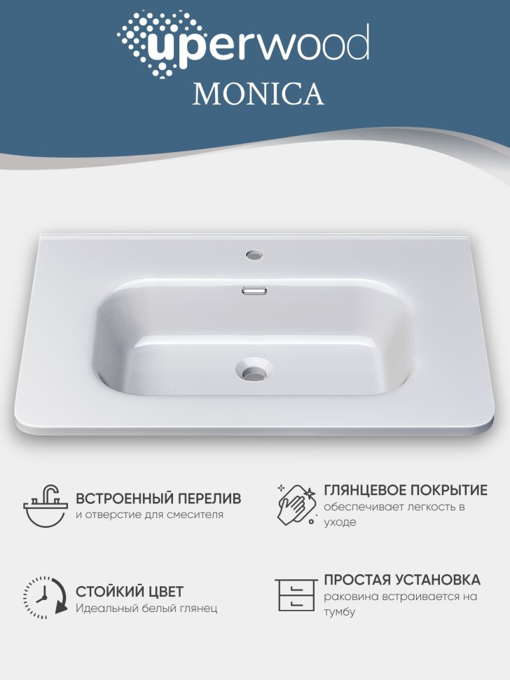 Раковина для ванной 70 см, Uperwood Monica, белая глянцевая