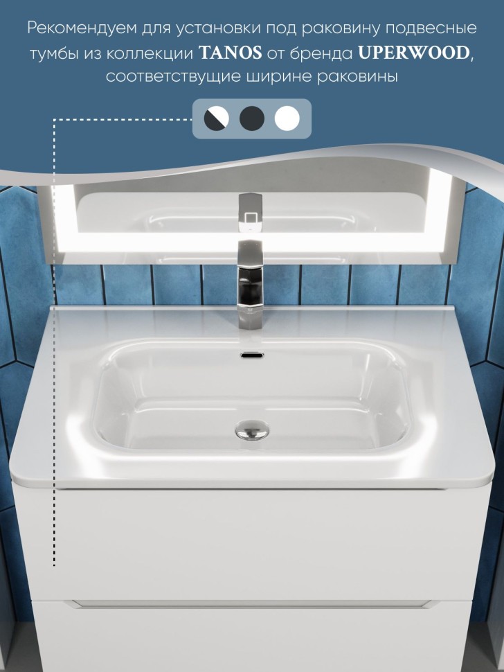 Раковина для ванной 70 см, Uperwood Monica, белая глянцевая