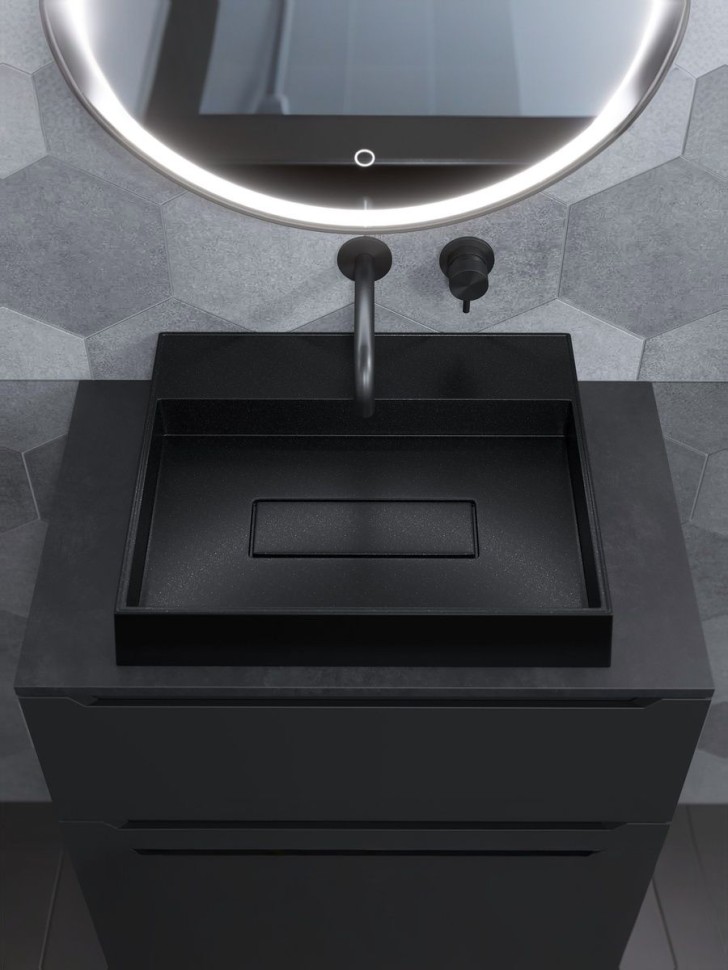 Раковина накладная прямоугольная, Uperwood Tanos Quartz 50 см, без отверстия для смесителя, черная, космос