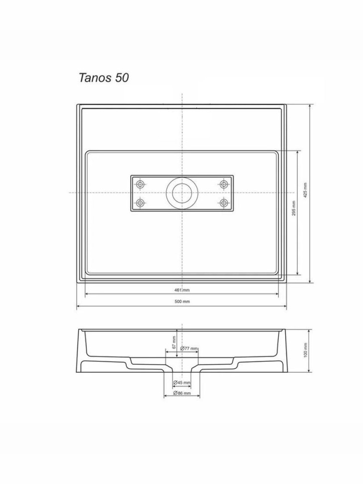 Раковина накладная прямоугольная, Uperwood Tanos Quartz 50 см, без отверстия для смесителя, черная, космос