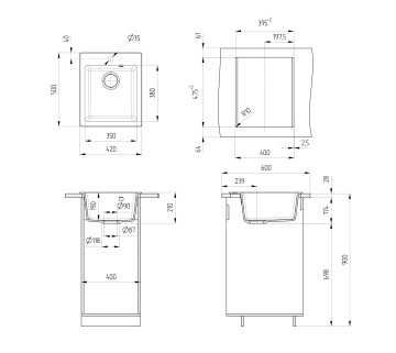 Кухонная мойка из искусственного камня Uperwood Симпл (Simple) UPD-303-308, черная