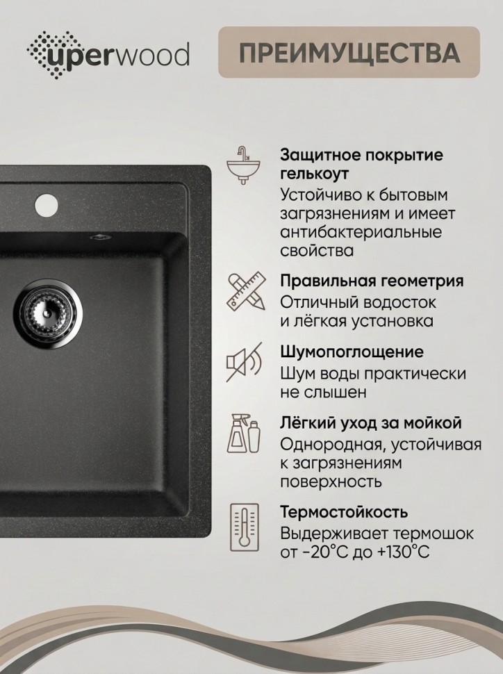 Кухонная мойка из искусственного камня Uperwood Симпл (Simple) UPD-303-308, черная
