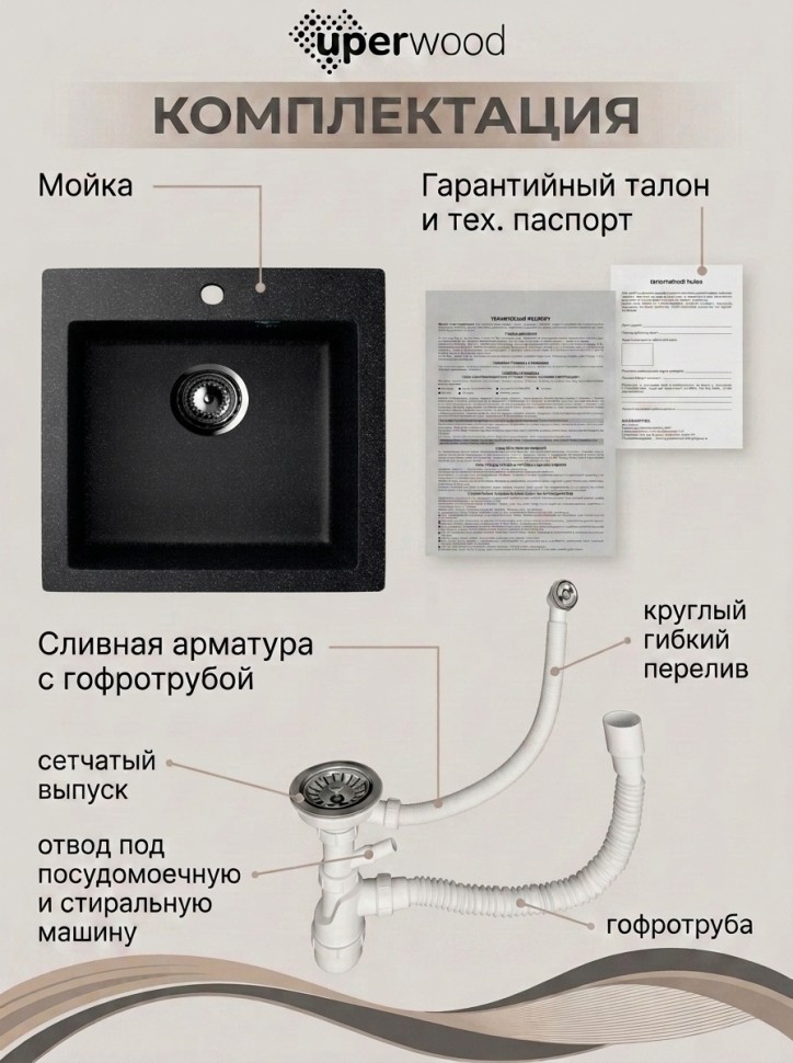 Кухонная мойка из искусственного камня Uperwood Симпл (Simple) UPD-303-308, черная