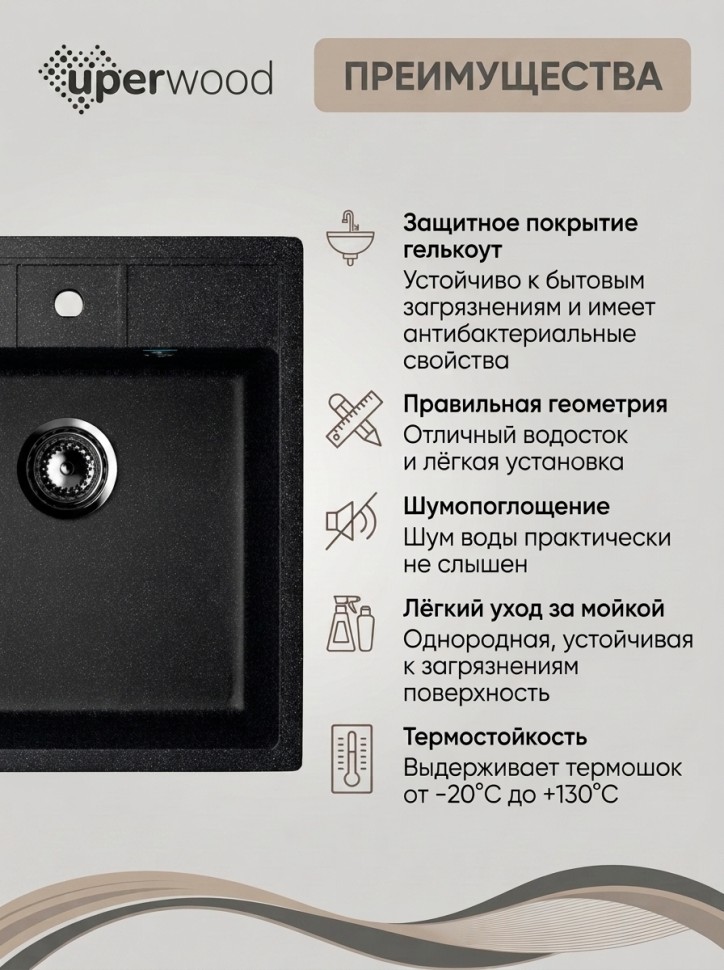 Кухонная мойка из искусственного камня Uperwood Симпл (Simple) UPD-305-308, черная