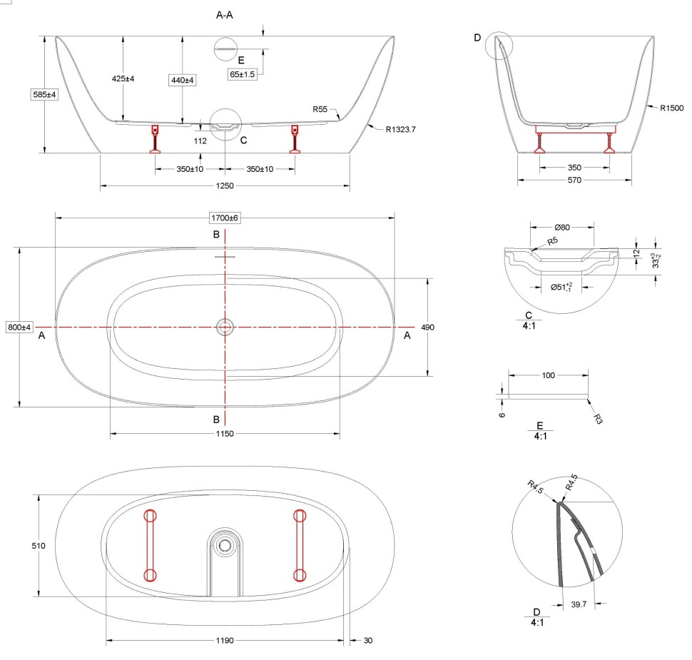 Ванна акриловая Vincea VBT-708-1700, 1700*800*585, цвет белый, щелевой перелив, слив белый