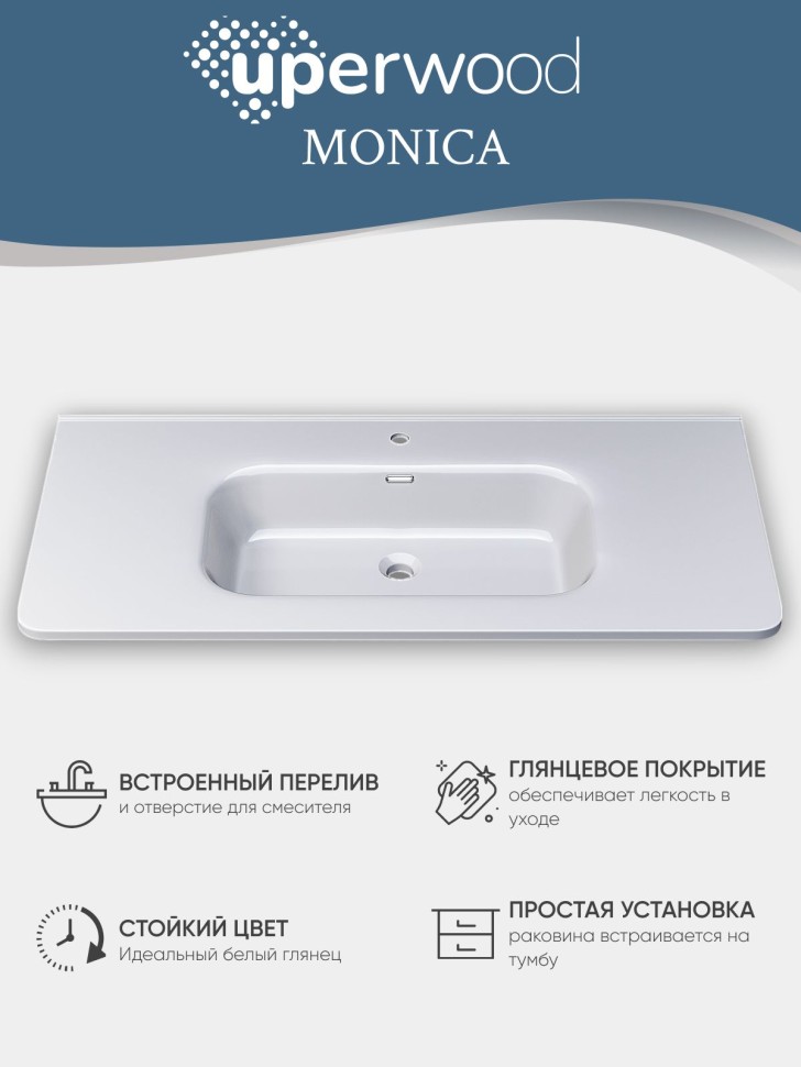 Раковина для ванной 100 см, Uperwood Monica, белая глянцевая