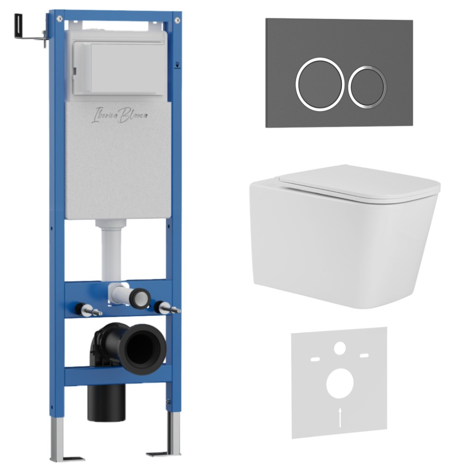 Комплект 3в1 IBERICA BLANCA инсталляция SILENCIO MINI, унитаз TOLEDO ALTO белый, кнопка смыва ESTI-O серый матовый (IB.001M.TLA.231.827)
