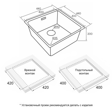 Мойка YUNI 44 UNI, нерж. сталь, YU44-LG, светлое золото, 440х440мм, Paulmark