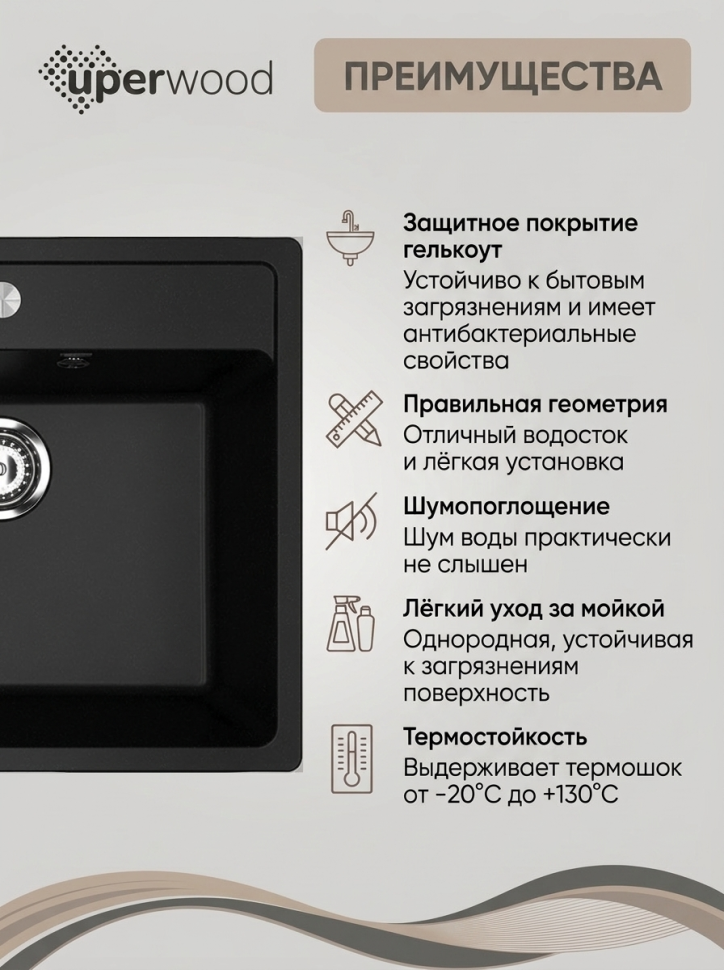 Кухонная мойка из искусственного камня Uperwood Симпл (Simple) UPD-300-344, ультра-черная