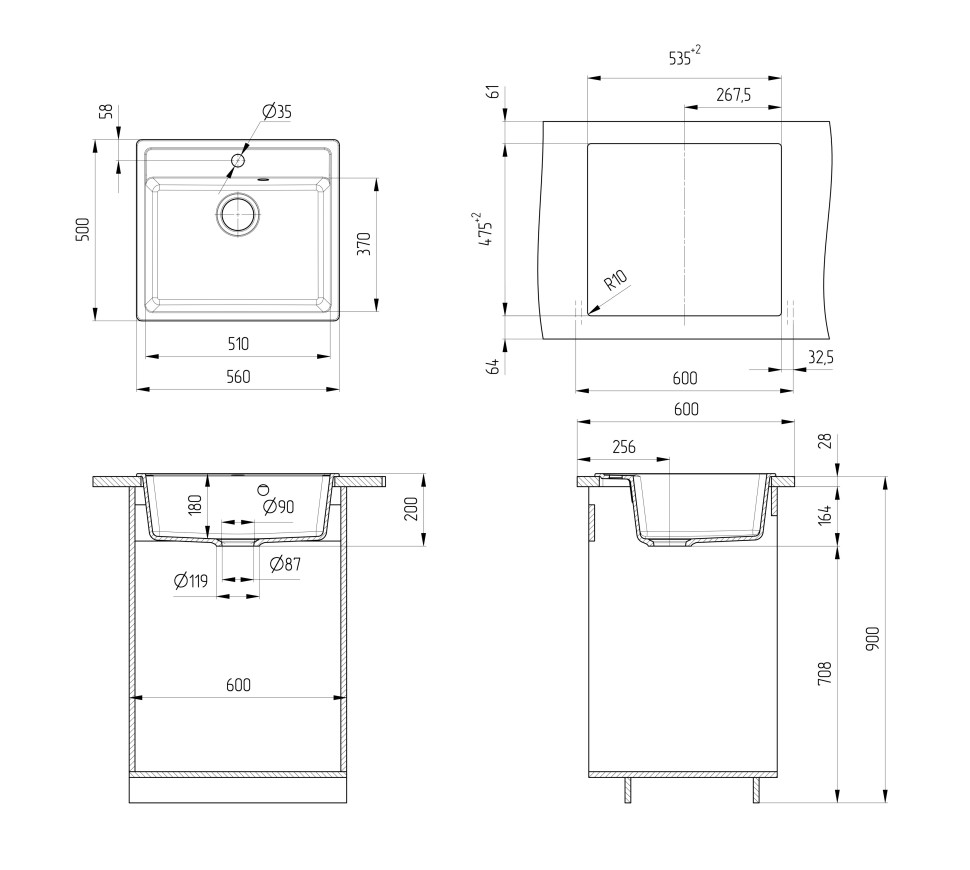 Кухонная мойка из искусственного камня Uperwood Симпл (Simple) UPD-300-344, ультра-черная