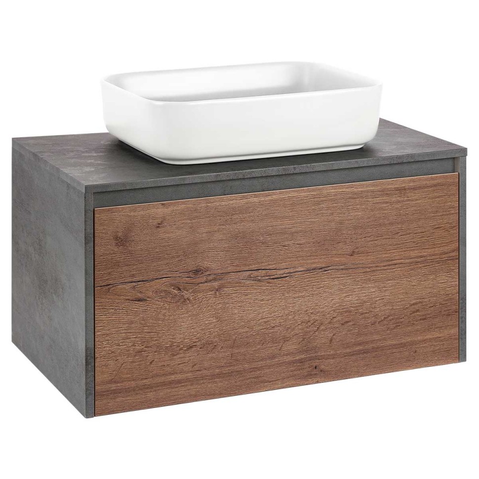 База под накладную раковину Mesa 800 подвесная, 1 выкатной/1 скрытый ящик soft close, T.Oak + Beton