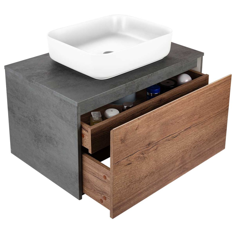 База под накладную раковину Mesa 800 подвесная, 1 выкатной/1 скрытый ящик soft close, T.Oak + Beton