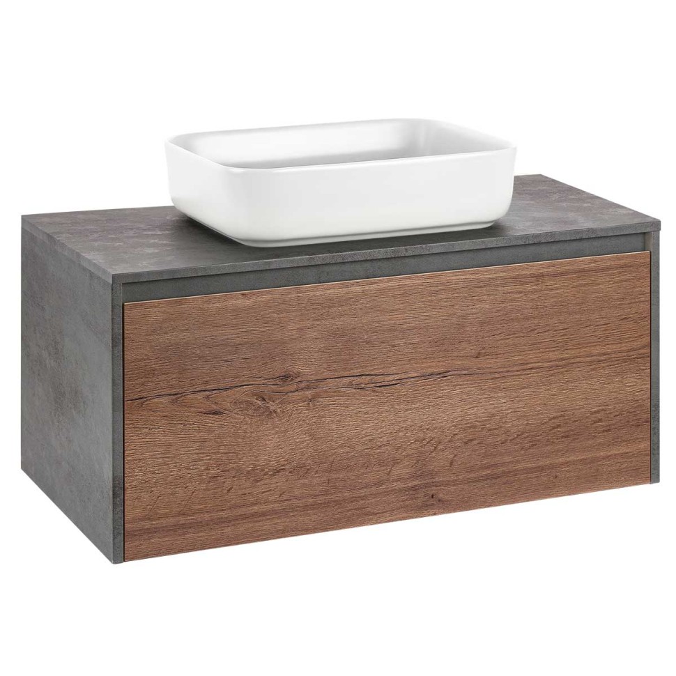 База под накладную раковину Mesa 1000 подвесная, 1 выкатной/1 скрытый ящик soft close, T.Oak + Beton