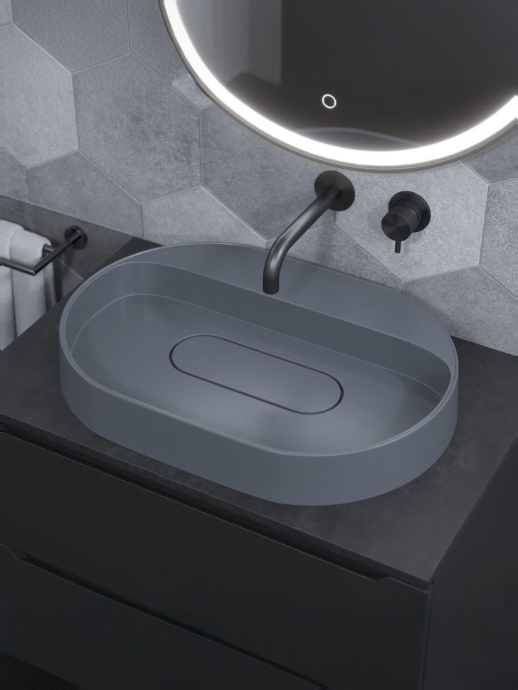 Раковина накладная овальная Uperwood Tanos Quartz 55 см, без отверстия для смесителя, серая, бетон