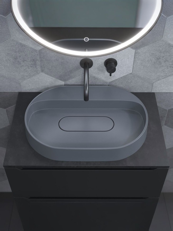 Раковина накладная овальная Uperwood Tanos Quartz 55 см, без отверстия для смесителя, серая, бетон