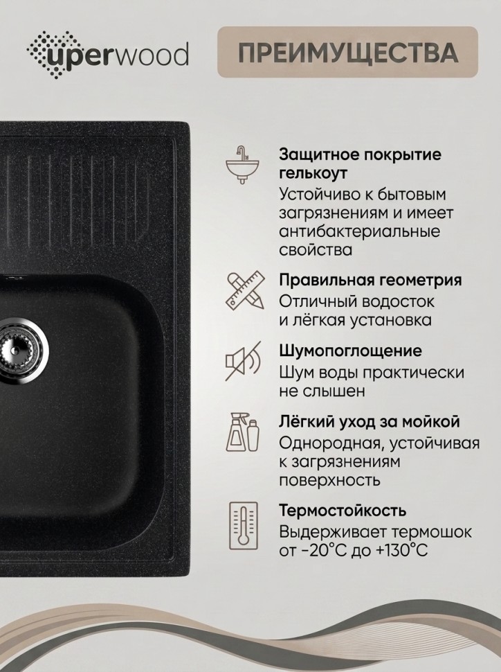 Кухонная мойка из искусственного камня Uperwood Симпл (Simple) UPD-301-308, черная