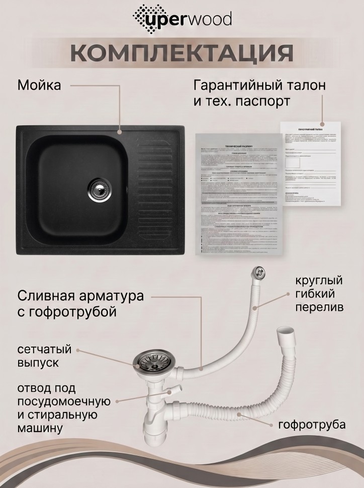 Кухонная мойка из искусственного камня Uperwood Симпл (Simple) UPD-301-308, черная