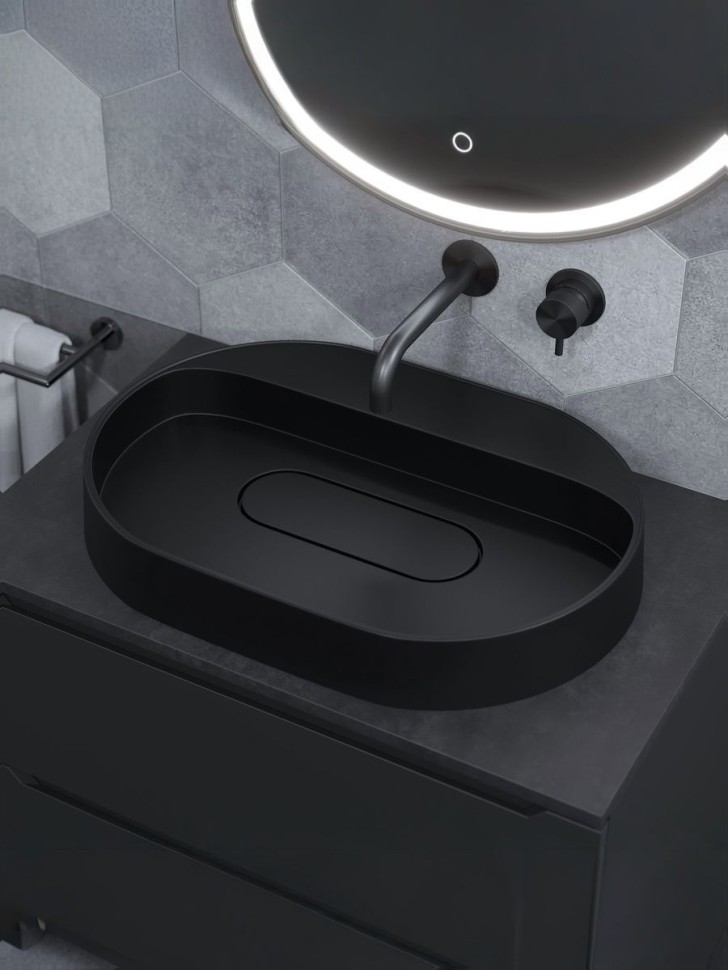 Раковина накладная овальная Uperwood Tanos Quartz 55 см, без отверстия для смесителя, черная, уголь