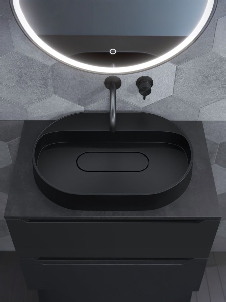 Раковина накладная овальная Uperwood Tanos Quartz 55 см, без отверстия для смесителя, черная, уголь