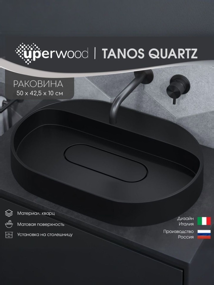 Раковина накладная овальная Uperwood Tanos Quartz 55 см, без отверстия для смесителя, черная, уголь