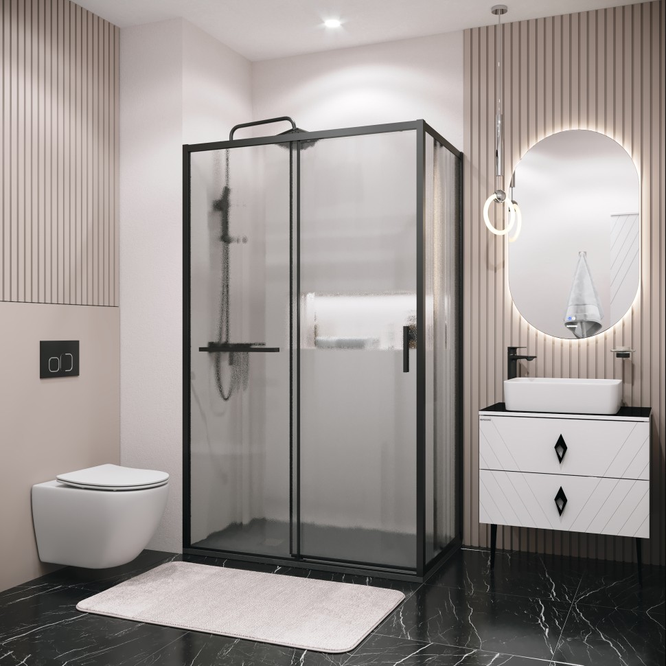 Душевое ограждение Grossman Style 100.K33.05.130.21.02-200.K33.05.70.21.02 (130х70х195) раздвижная(левая),черный матовый,стекло шиншилла,2 места