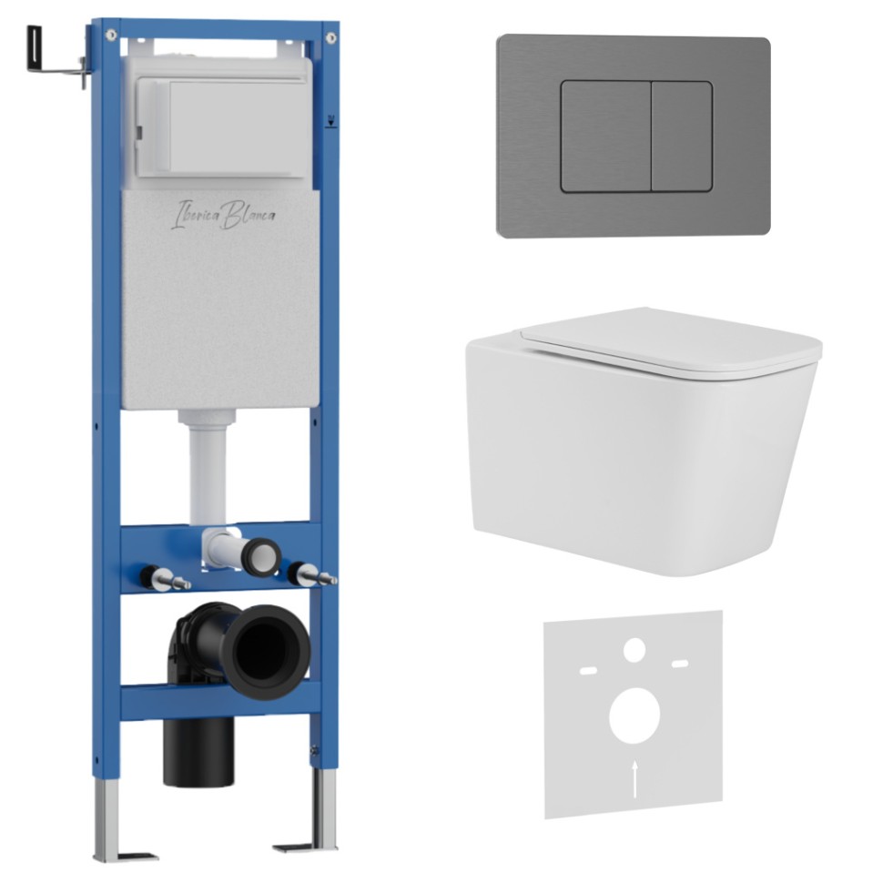 Комплект 3в1 IBERICA BLANCA инсталляция SILENCIO MINI, унитаз TOLEDO ALTO белый, кнопка смыва INOX-C вороненая сталь (IB.001M.TLA.231.1180)
