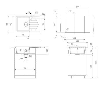 Кухонная мойка из искусственного камня Uperwood Симпл (Simple) UPD-302-308, черная