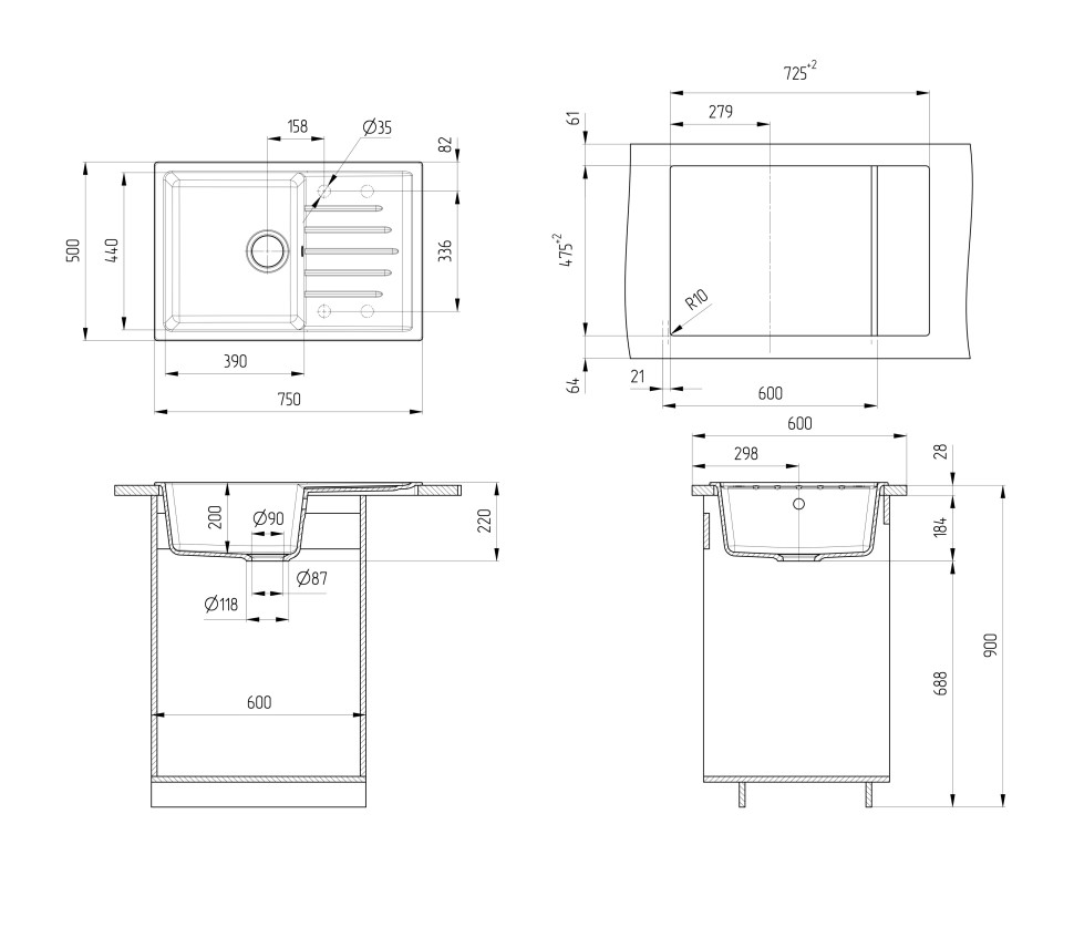 Кухонная мойка из искусственного камня Uperwood Симпл (Simple) UPD-302-308, черная