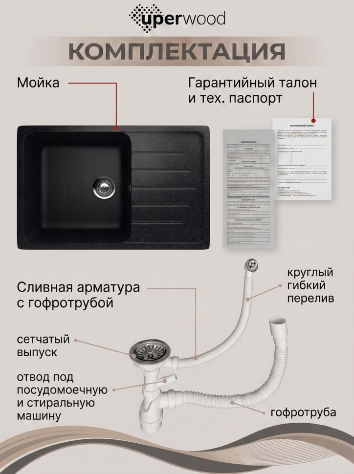 Кухонная мойка из искусственного камня Uperwood Симпл (Simple) UPD-302-308, черная
